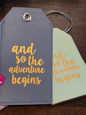 NEW BLUE PU Leather AND SO THE ADVENTURE BEGINS Privacy Luggage Tags x 2